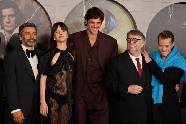Oscar Isaac, Mia Goth, Jacob Elordi, Guillermo del Toro and Felix Kammerer (L-R) attend the premiere of Netflix s sci-fi horror motion picture Frankenstein at the Academy Museum of Motion Pictures in Los Angeles on Monday, October 6, 2025. Storyline: A brilliant but egotistical scientist brings a creature to life in a monstrous experiment that ultimately leads to the undoing of both the creator and his tragic creation.  LAP2025100653 JIMxRUYMEN