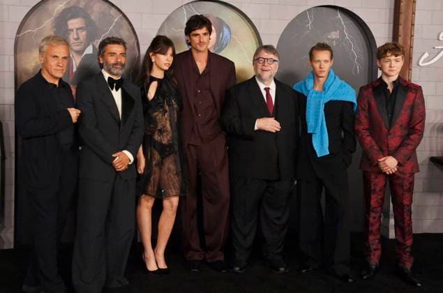 Christoph Waltz, Oscar Isaac, Mia Goth, Jacob Elordi, Guillermo del Toro, Felix Kammerer and Christian Convery (L-R) attend the premiere of Netflix s sci-fi horror motion picture Frankenstein at the Academy Museum of Motion Pictures in Los Angeles on Monday, October 6, 2025. Storyline: A brilliant but egotistical scientist brings a creature to life in a monstrous experiment that ultimately leads to the undoing of both the creator and his tragic creation.  LAP2025100660 JIMxRUYMEN