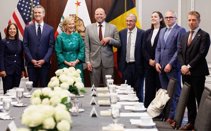 California Lieutenant Governor Eleni Kounalakis, Governor of the State of California Gavin Newsom, Princess Astrid of Belgium, Minister of Defence and Foreign Trade Theo Francken, Vice-President and Walloon Minister in charge of the Economy, Employment, Industry and Training Pierre-Yves Jeholet, Minister of Middle Classes Eleonore Simonet, Flemish Minister-President Matthias Diependaele and Belgian ambassador to the US Frederic Bernard pictured ahead of a diplomatic meeting during an economic mission to the west coast of the United States, on Monday 06 October 2025. The Belgian Economic mission to USA takes place from October 4th to 12th.  BENOITxDOPPAGNE 136272833