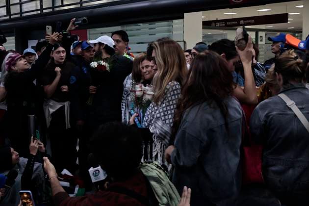 October 8, 2025, Mexico, Cdmx, Mexico: This Wednesday, SOL GONZALEZ EGUIA, ERNESTO LEDESMA ARRONTE, ARLIN MEDRANO GUZMAN, CARLOS PEREZ OSORIO, DIEGO VAZQUEZ GALINDO, and LAURA ALEJANDRA VELEZ RUIZ GAITAN arrived repatriated after being intercepted and detained by the State of Israel while attempting to deliver aid to the Palestinian people on the SUMUD Global Flotilla. The Mexican government, through the Ministry of Foreign Affairs (SRE), was responsible for the accompaniment and repatriation of these activists for their arrival at Mexico City International Airport Mexico Mexico - ZUMAp204 20251008_zip_p204_006 Copyright: xJosuexPerezx