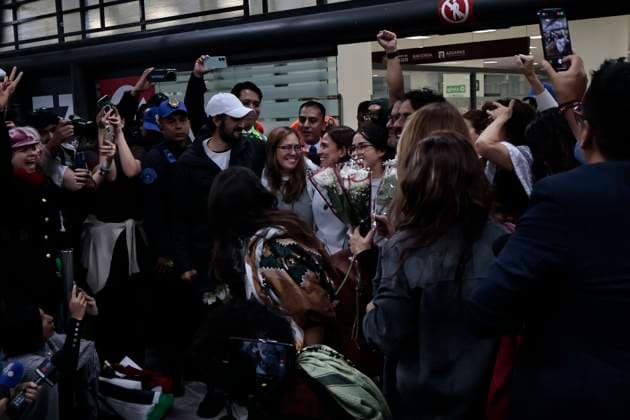 October 8, 2025, Mexico, Cdmx, Mexico: This Wednesday, SOL GONZALEZ EGUIA, ERNESTO LEDESMA ARRONTE, ARLIN MEDRANO GUZMAN, CARLOS PEREZ OSORIO, DIEGO VAZQUEZ GALINDO, and LAURA ALEJANDRA VELEZ RUIZ GAITAN arrived repatriated after being intercepted and detained by the State of Israel while attempting to deliver aid to the Palestinian people on the SUMUD Global Flotilla. The Mexican government, through the Ministry of Foreign Affairs (SRE), was responsible for the accompaniment and repatriation of these activists for their arrival at Mexico City International Airport Mexico Mexico - ZUMAp204 20251008_zip_p204_008 Copyright: xJosuexPerezx
