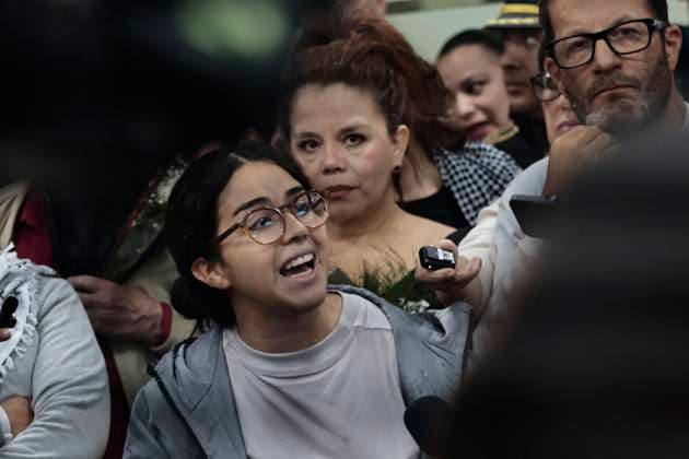 October 8, 2025, Mexico, Cdmx, Mexico: This Wednesday, SOL GONZALEZ EGUIA, ERNESTO LEDESMA ARRONTE, ARLIN MEDRANO GUZMAN, CARLOS PEREZ OSORIO, DIEGO VAZQUEZ GALINDO, and LAURA ALEJANDRA VELEZ RUIZ GAITAN arrived repatriated after being intercepted and detained by the State of Israel while attempting to deliver aid to the Palestinian people on the SUMUD Global Flotilla. The Mexican government, through the Ministry of Foreign Affairs (SRE), was responsible for the accompaniment and repatriation of these activists for their arrival at Mexico City International Airport Mexico Mexico - ZUMAp204 20251008_zip_p204_023 Copyright: xJosuexPerezx