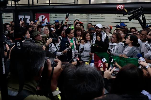 October 8, 2025, Mexico, Cdmx, Mexico: This Wednesday, SOL GONZALEZ EGUIA, ERNESTO LEDESMA ARRONTE, ARLIN MEDRANO GUZMAN, CARLOS PEREZ OSORIO, DIEGO VAZQUEZ GALINDO, and LAURA ALEJANDRA VELEZ RUIZ GAITAN arrived repatriated after being intercepted and detained by the State of Israel while attempting to deliver aid to the Palestinian people on the SUMUD Global Flotilla. The Mexican government, through the Ministry of Foreign Affairs (SRE), was responsible for the accompaniment and repatriation of these activists for their arrival at Mexico City International Airport Mexico Mexico - ZUMAp204 20251008_zip_p204_025 Copyright: xJosuexPerezx