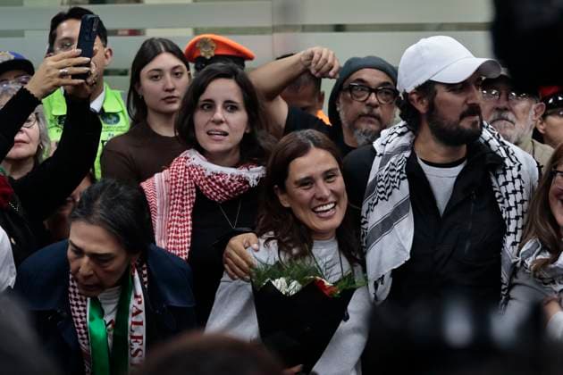 October 8, 2025, Mexico, Cdmx, Mexico: This Wednesday, SOL GONZALEZ EGUIA, ERNESTO LEDESMA ARRONTE, ARLIN MEDRANO GUZMAN, CARLOS PEREZ OSORIO, DIEGO VAZQUEZ GALINDO, and LAURA ALEJANDRA VELEZ RUIZ GAITAN arrived repatriated after being intercepted and detained by the State of Israel while attempting to deliver aid to the Palestinian people on the SUMUD Global Flotilla. The Mexican government, through the Ministry of Foreign Affairs (SRE), was responsible for the accompaniment and repatriation of these activists for their arrival at Mexico City International Airport Mexico Mexico - ZUMAp204 20251008_zip_p204_030 Copyright: xJosuexPerezx