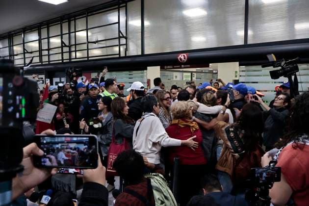 October 8, 2025, Mexico, Cdmx, Mexico: This Wednesday, SOL GONZALEZ EGUIA, ERNESTO LEDESMA ARRONTE, ARLIN MEDRANO GUZMAN, CARLOS PEREZ OSORIO, DIEGO VAZQUEZ GALINDO, and LAURA ALEJANDRA VELEZ RUIZ GAITAN arrived repatriated after being intercepted and detained by the State of Israel while attempting to deliver aid to the Palestinian people on the SUMUD Global Flotilla. The Mexican government, through the Ministry of Foreign Affairs (SRE), was responsible for the accompaniment and repatriation of these activists for their arrival at Mexico City International Airport Mexico Mexico - ZUMAp204 20251008_zip_p204_037 Copyright: xJosuexPerezx