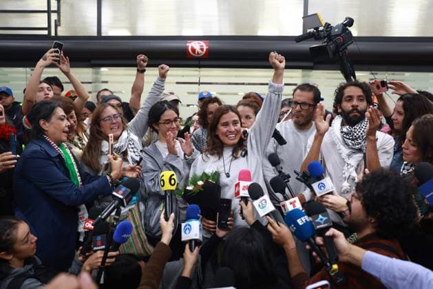 Mexican citizens from the Global Sumud Flotilla arrive in Mexico MEXICO CITY, MEXICO - OCTOBER 8: Mexican citizens from the Global Sumud Flotilla arrive at Mexico City International Airport, in Mexico City, Mexico on October 8, 2025. Six Mexican citizens who took part in the Global Sumud Flotilla, which was intercepted by Israeli forces, were welcomed by relatives, friends and activists. Daniel Cardenas Anadolu Mexico City Mexico. Editorial use only. Please get in touch for any other usage.  Copyright: x2025xAnadoluxDanielxCardenasx