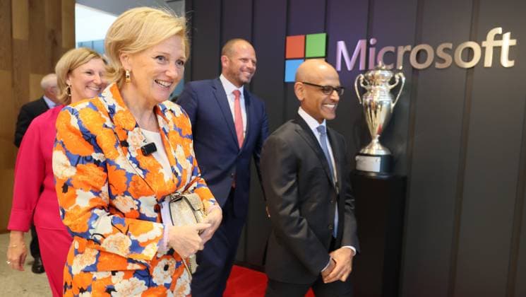 Princess Astrid of Belgium and Microsoft Executive Vice President Jay Parikh pictured during a visit to Microsoft Company during an economic mission to the west coast of the United States, in the so-called Silicon Valley in Mountain View, on Wednesday 08 October 2025. The Belgian Economic mission to USA takes place from October 4th to 12th.  BENOITxDOPPAGNE 136363575