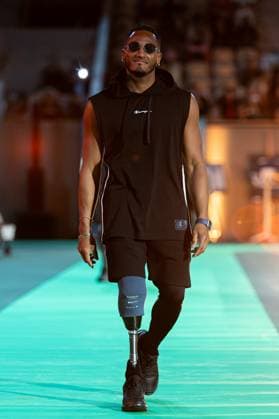 Runway For The Association Debout En Bouts At Roland-Garros Dimitri Pavadé walks the runway for the association Debout En Bouts. 30 amputees wearing prosthetics parade on the Philippe-Chatrier court at Roland-Garros stadium on October 08, 2025 in Paris, France. Photo by Nasser Berzane ABACAPRESS.COM Paris France  Copyright: xBerzanexNasser ABACAx