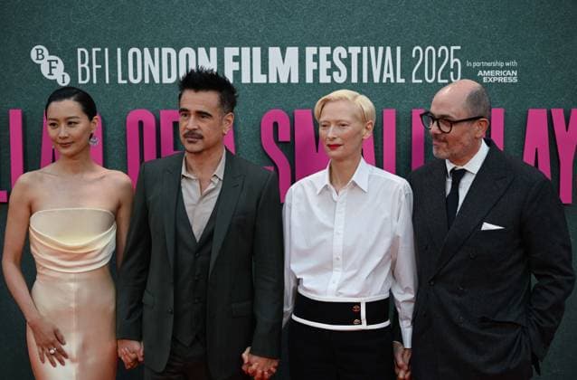 BFI London Film Festival LONDON, UNITED KINGDOM - OCTOBER 9: Fala Chen (L), Colin Farrell (2nd L), Tilda Swinton (2nd R) and Edward Berger (R) attend the premiere of the film Ballad of a Small Player during the 69th BFI London Film Festival at the Royal Festival Hall on October 9, 2025, in London, United Kingdom. Rasid Necati Aslim Anadolu London United Kingdom. Editorial use only. Please get in touch for any other usage.  Copyright: x2025xAnadoluxRasidxNecatixAslimx