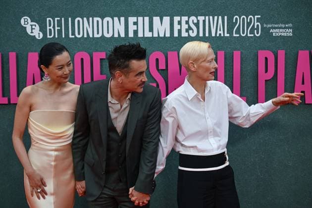BFI London Film Festival LONDON, UNITED KINGDOM - OCTOBER 9: Fala Chen (R), Colin Farrell (C), Tilda Swinton (R) attend the premiere of the film Ballad of a Small Player during the 69th BFI London Film Festival at the Royal Festival Hall on October 9, 2025, in London, United Kingdom. Rasid Necati Aslim Anadolu London United Kingdom. Editorial use only. Please get in touch for any other usage.  Copyright: x2025xAnadoluxRasidxNecatixAslimx