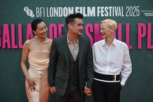 BFI London Film Festival LONDON, UNITED KINGDOM - OCTOBER 9: Fala Chen (R), Colin Farrell (C), Tilda Swinton (R) attend the premiere of the film Ballad of a Small Player during the 69th BFI London Film Festival at the Royal Festival Hall on October 9, 2025, in London, United Kingdom. Rasid Necati Aslim Anadolu London United Kingdom. Editorial use only. Please get in touch for any other usage.  Copyright: x2025xAnadoluxRasidxNecatixAslimx