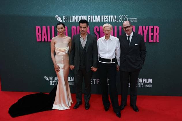 Ballad of a Small Player Headline Gala - The 69th BFI London Film Festival LONDON, UNITED KINGDOM - OCTOBER 9: Colin Farrell (2nd L), Fala Chen (L), Tilda Swinton (2nd R) and Edward Berger (R) attend the Ballad of a Small Player Headline Gala at the 69th BFI London Film Festival at The Royal Festival Hall on October 09, 2025 in London, United Kingdom on October 9, 2025. Rasid Necati Aslim Anadolu London United Kingdom. Editorial use only. Please get in touch for any other usage.  Copyright: x2025xAnadoluxRasidxNecatixAslimx