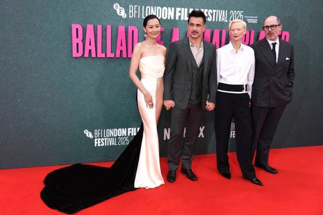 Fala Chen, Colin Farrell, Tilda Swinter and Edward Berger at the premiere of the feature film Ballad of a Small Player at the 69 BFI London Film Festival 2025 at the Royal Festival Hall London, 09 10 2025 Foto:xS.xVasx xFuturexImagex small_5045