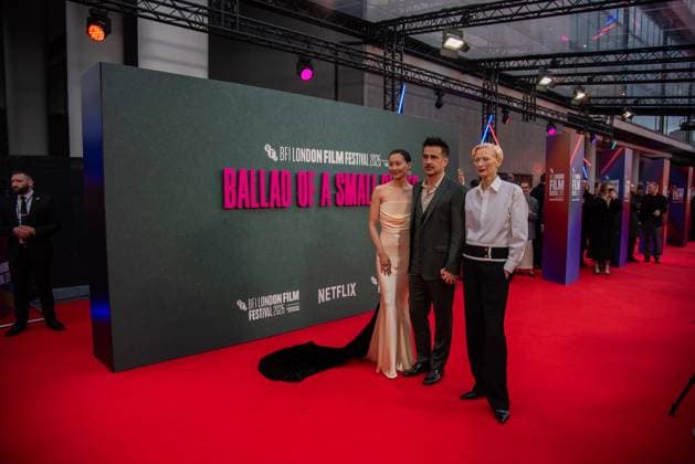 October 9, 2025, London, United Kingdom: Fala Chen, Colin Farrell and Tilda Swinton attend the Ballad of a Small Player Headline Gala during the 69th BFI London Film Festival at The Royal Festival Hall. London United Kingdom - ZUMAs197 20251009_aaa_s197_158 Copyright: xLoredanaxSangiulianox