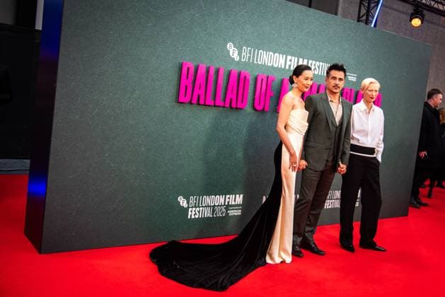 October 9, 2025, London, United Kingdom: Fala Chen, Colin Farrell and Tilda Swinton attend the Ballad of a Small Player Headline Gala during the 69th BFI London Film Festival at The Royal Festival Hall. London United Kingdom - ZUMAs197 20251009_aaa_s197_174 Copyright: xLoredanaxSangiulianox