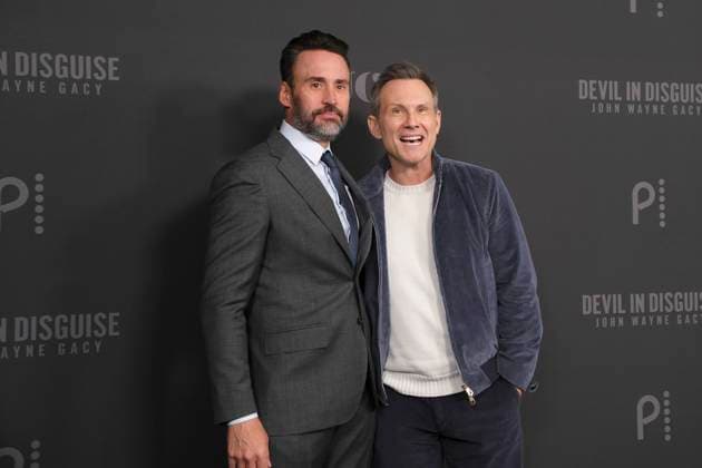 NEW YORK, NY- OCTOBER 9: Patrick Macmanus and Christian Slater at Peacock™s Devil In Disguise: John Wayne Gacy Premiere at DGA NY Theater on October 9, 2025 in New York City. Copyright: xKatiexGodowskix
