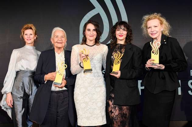 Leslie Malton, Hildegard Schmahl, Jennifer Sabel, Seyneb Saleh and Sunnyi Melles at the German Acting Award 2025 ceremony at the Hotel Pullman Berlin Schweizerhof Berlin, 09 10 2025 Foto:xF.xKernx xFuturexImagex schauspielrpreis_5316