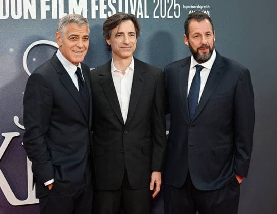 American director Noah Baumbach, actors Adam Sandler and George Clooney attend the premiere of Jay Kelly at the 69th BFI London Film Festival in London, England on Friday, October 10, 2025.  LON20251010129 RUNExHELLESTAD