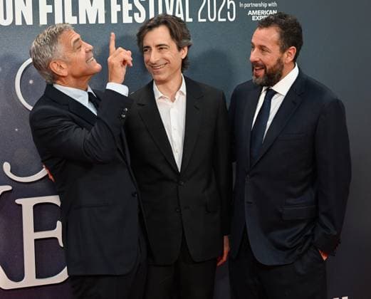 American director Noah Baumbach, actors Adam Sandler and George Clooney attend the premiere of Jay Kelly at the 69th BFI London Film Festival in London, England on Friday, October 10, 2025.  LON20251010130 RUNExHELLESTAD