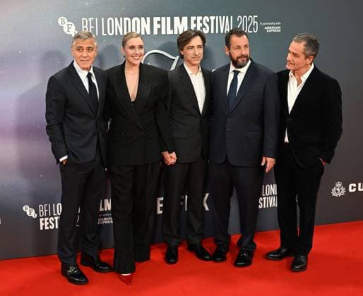 British producer David Heyman, American directors Greta Gerwig, Noah Baumbach, actors Adam Sandler and George Clooney attend the premiere of Jay Kelly at the 69th BFI London Film Festival in London, England on Friday, October 10, 2025.  LON20251010133 RUNExHELLESTAD