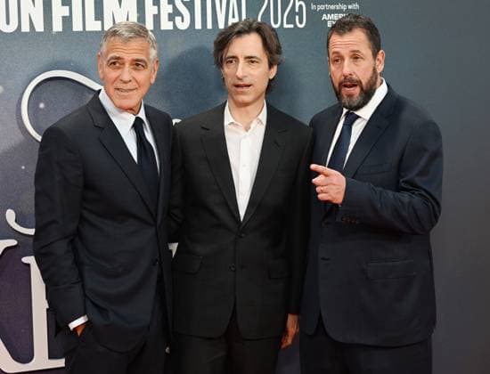 American director Noah Baumbach, actors Adam Sandler and George Clooney attend the premiere of Jay Kelly at the 69th BFI London Film Festival in London, England on Friday, October 10, 2025.  LON20251010131 RUNExHELLESTAD
