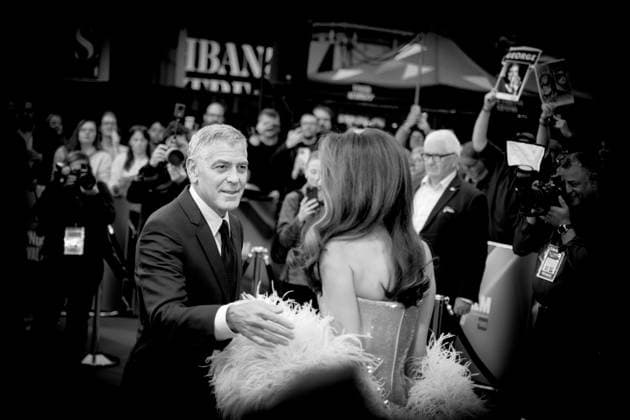 Jay Kelly UK premiere, BFI London Film Festival, Royal Festival Hall, London, 10 October 2025. George Clooney and Amal Clooney attends the BFI London Film Festival; the UK premiere of JAY KELLY on Friday 10 October 2025 at Royal Festival Hall, London. Editors Note: Image converted to monochrome., Credit:Julie Edwards Avalon  Copyright: xJuliexEdwardsx xAvalonx 1044592371