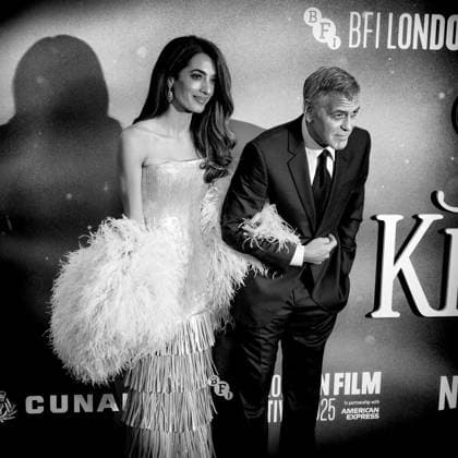 Jay Kelly UK premiere, BFI London Film Festival, Royal Festival Hall, London, 10 October 2025. George Clooney and Amal Clooney attends the BFI London Film Festival; the UK premiere of JAY KELLY on Friday 10 October 2025 at Royal Festival Hall, London. Editors Note: Image converted to monochrome., Credit:Julie Edwards Avalon  Copyright: xJuliexEdwardsx xAvalonx 1044592465
