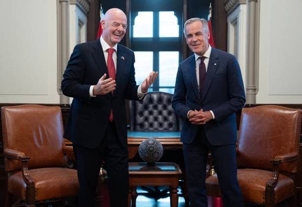 October 10, 2025, Ottawa, On, Canada: Prime Minister Mark Carney, right, is seen with FIFA President Gianni Infantino in his office on Parliament Hill in Ottawa, Friday, Oct. 10, 2025. Ottawa Canada  - ZUMAc35_ 20251010_zaf_c35_074 Copyright: xAdrianxWyldx