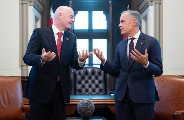 October 10, 2025, Ottawa, On, Canada: Prime Minister Mark Carney, right, is seen with FIFA President Gianni Infantino in his office on Parliament Hill in Ottawa, Friday, Oct. 10, 2025. Ottawa Canada  - ZUMAc35_ 20251010_zaf_c35_077 Copyright: xAdrianxWyldx