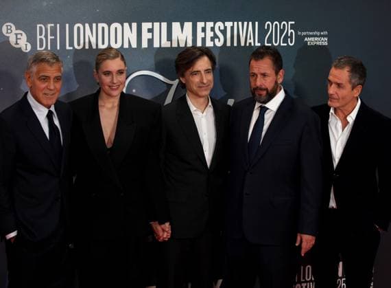 Jay Kelly premiere London, UK. George Clooney, Greta Gerwig, Noah Baumbach, Adam Sandler and David Heyman at the Jay Kelly premiere. 69th BFI London Film Festival. Royal Festival Hall. 10th October 2025. LMK11-S101025-002 Steve Bealing Landmark Media 