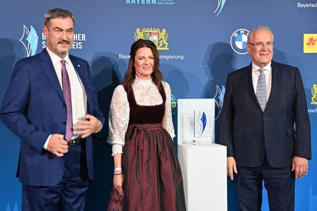from left Markus SOEDER State Premier of Bavaria and CSU Chairman , Joachim HERRMANN Bavarian Minister of the Interior Bavarian Sports Award 2025 at BMW Welt, Red Carpet on 11 10 2025