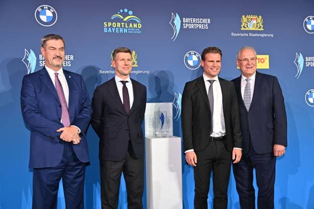 Markus SOEDER State Premier of Bavaria and CSU Chairman and Joachim HERRMANN Minister of the Interior of Bavaria with Dr. Felix BRYCH Award Winner SPORTLICHES LEBENSWERK and laudator Thomas HITZLSPERGER Bavarian Sports Award 2025 at BMW Welt, Red Carpet on 11 10 2025