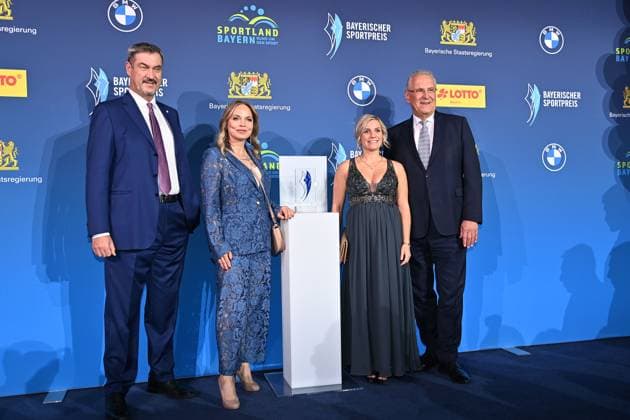 Markus SOEDER State Premier of Bavaria and CSU Chairman and Joachim HERRMANN Bavarian Minister of the Interior with Christina Tina RUPPRECHT Boxing World Champion, Award Winner SPORTMOMENTE FUER DIE EWIGKEIT and Laudator Regina HALMICH Bavarian Sports Award 2025 at BMW Welt, Red Carpet on 11 10 2025