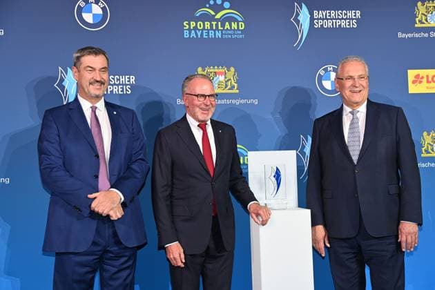 Markus SOEDER Bavarian State Premier and CSU Chairman and Joachim HERRMANN Bavarian Minister of the Interior with Karl Heinz RUMMENIGGE, former Chairman of the Board of Management,Honorary Award of the Bavarian State Premier Bavarian Sports Award 2025 at BMW Welt, Red Carpet on 11 10 2025