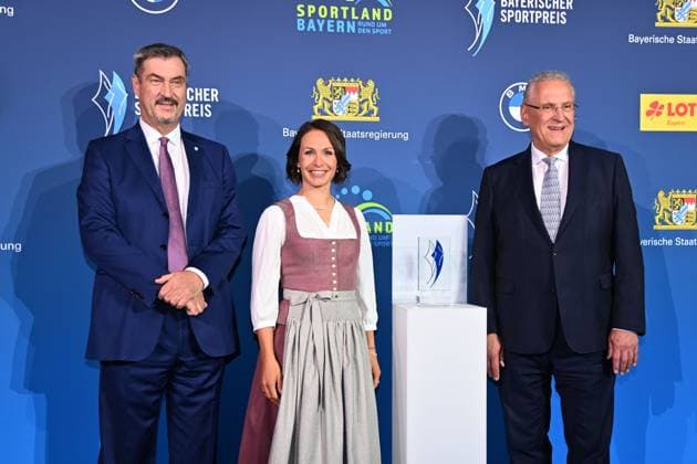 Markus SOEDER State Premier of Bavaria and CSU Chairman and Joachim HERRMANN Bavarian Minister of the Interior with Magdalena NEUNER Bavarian Sports Award 2025 at BMW Welt, Red Carpet on 11 10 2025