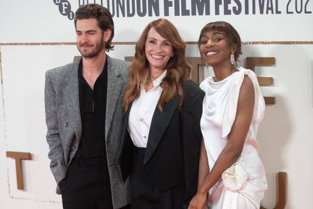 London Film Festival 2025 - After The Hunt Arrivals at Royal Festival Hall, Southbank, London (L-R) - Andrew Garfield, Julia Roberts and Ayo Edebiri attends the Headline Gala of After The Hunt at The 69th BFI London Film Festival at Royal Festival Hall, Southbank, London, England, UK on Saturday 11 October, 2025., Credit:Justin Ng Avalon UK, England, London, Royal Festival Hall, Southbank  Copyright: xJustinxNgx xAvalonx 1044821029