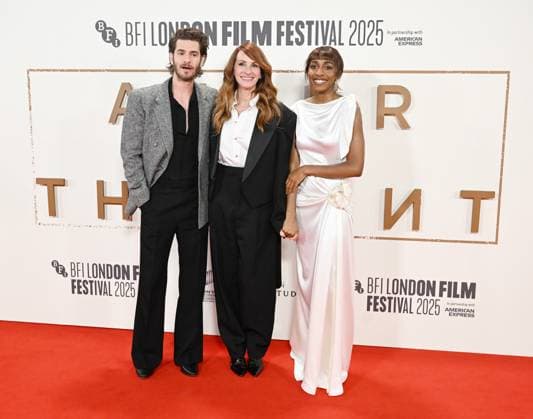 American actresses Julia Roberts, Ayo Edebiri and British actor Andrew Garfield attend the premiere of After The Hunt at the 69th BFI London Film Festival in London, England on Saturday, October 11, 2025.  LON20251011130 RUNExHELLESTAD