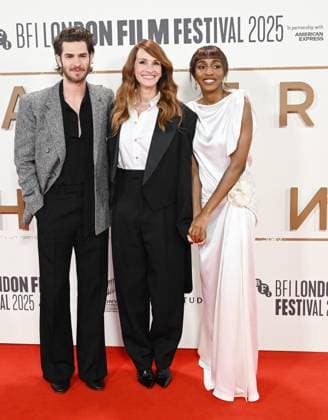 American actresses Julia Roberts, Ayo Edebiri and British actor Andrew Garfield attend the premiere of After The Hunt at the 69th BFI London Film Festival in London, England on Saturday, October 11, 2025.  LON20251011131 RUNExHELLESTAD