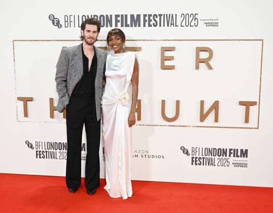 American actress Ayo Edebiri and British actor Andrew Garfield attend the premiere of After The Hunt at the 69th BFI London Film Festival in London, England on Saturday, October 11, 2025.  LON20251011132 RUNExHELLESTAD