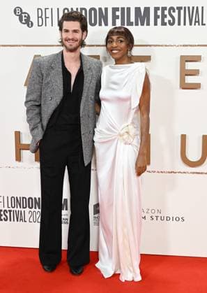 American actress Ayo Edebiri and British actor Andrew Garfield attend the premiere of After The Hunt at the 69th BFI London Film Festival in London, England on Saturday, October 11, 2025.  LON20251011133 RUNExHELLESTAD