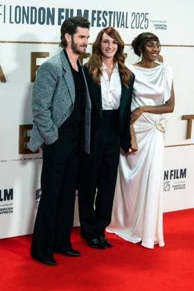 After the Hunt Headline Gala - The 69th BFI London Film Festival in UK - 11 Oct 2025 (L-R) Andrew Garfield, Julia Roberts and Ayo Edebiri attend the After the Hunt Headline Gala at the 69th BFI London Film Festival at The Royal Festival Hall. London United Kingdom Copyright: xLounisxTiarx xSOPAxImagesx _DSC0434