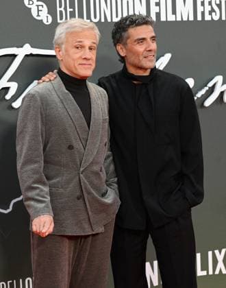 American actor Oscar Isaacs and Austrian actor Christoph Waltz attend the premiere of Frankenstein at the 69th BFI London Film Festival in London, England on Monday October 13, 2025.  LON20251013103 RUNExHELLESTAD