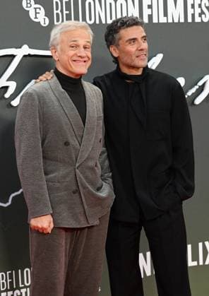 American actor Oscar Isaacs and Austrian actor Christoph Waltz attend the premiere of Frankenstein at the 69th BFI London Film Festival in London, England on Monday October 13, 2025.  LON20251013102 RUNExHELLESTAD