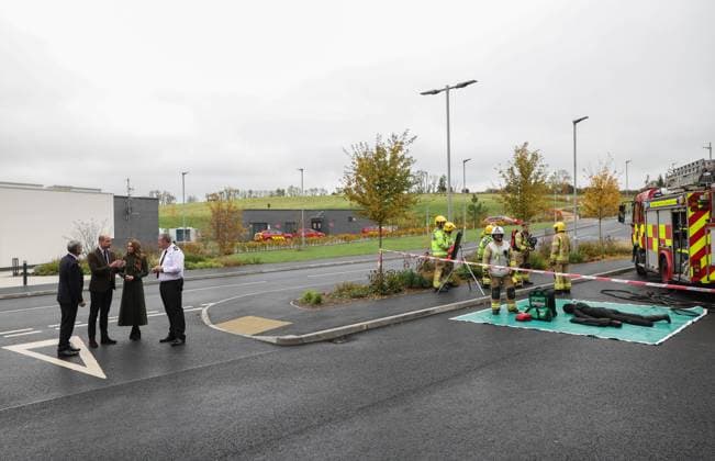 The Prince and Princess of Wales Visit Northern Ireland 14 10 2025. Cookstown, UK. The Prince and Princess of Wales during a visit to the Northern Ireland Fire and Rescue Service Learning and Development College in Cookstown, Northern Ireland. The Prince and Princess met with Chief Fire & Rescue Officer, Aidan Jennings and learned how the college equips trainees with the skills, resilience and expertise needed to help keep everyone in Northern Ireland safe. Their Royal Highnesses then engaged with two training scenarios: a warehouse space where there was a variety of simulated incidents and drills ongoing, and the flood-water rescue training space to see a simulation of a casualty being rescued from a fast-flowing river. During these scenar  Copyright: xPetexMaclainex xAvalonx 1045448193