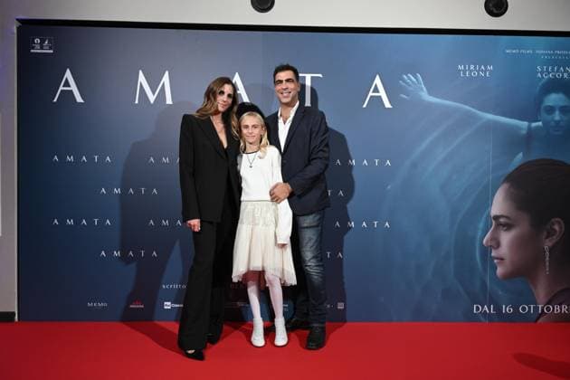 Milan, Premiere of the film Amata, Cinema Anteo. Pictured are Elisa Amoruso, Luigi Zamponi, and their daughter Nina.  Copyright: xSimonexComix xipa-agency.netx xComi Terenghix IPA_Agency_IPA66550731