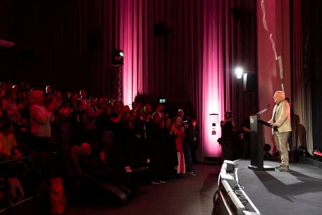 Director, filmmaker Werner HERZOG re , award winner Filmpreis Koeln 2025, standing ovation in the hall, at the Film Festival Cologne, at the Filmpalast Koeln, on 16 10 2025