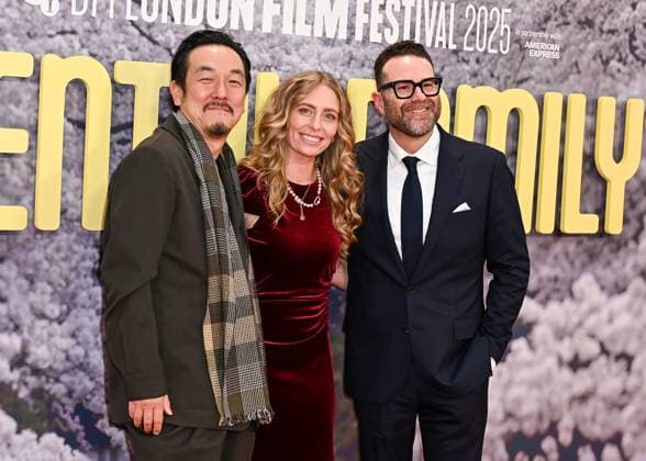 Shin Yamaguchi, Julia Lebedev and Eddie Vaisman attends Rental Family Premiere during the BFI London Film Festival, at the Southbank Centre, Royal Festival Hall in London, England. UK. Thursday 16th October 2025 Copyright: xJamesxWarrenx LFF- RENTAL FAMILY-44