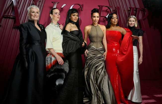 Cast members Glenn Close, Sarah Paulson, Teyana Taylor, Kim Kardashian, Niecy Nash-Betts and Naomi Watts (L-R) attend the world premiere of the Hulu original TV Series All s Fair at the DGA Theater in Los Angeles on Thursday, October 16, 2025. Storyline: Follows a successful divorce lawyer and the owner of an all-female law firm in Los Angeles.  LAP2025101655 JIMxRUYMEN