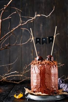 Halloween-Party Hintergrund. Spooky und lustige Schokolade Kuchen geschichtet Brownie mit erdigen Krümel mit dunklen und weißen Schokolade Schädel, alte kahlen Ästen und trockenen gefallenen Blättern, kopieren Raum. Halloween-Party Hintergrund. Spooky und lustige Schokolade Kuchen geschichtet Brownie mit erdigen Krümel mit dunklen und weißen Schokolade Schädel, alte kahlen Ästen und trockenen gefallenen Blättern, kopieren Raum. (License=RF) Copyright: xZoonar.com KatsiarynaxHuravax 23940875
