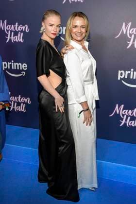 abb Maxton Hall Anna Lucia Gustmann and Ines Hoppe as guests on the blue carpet at the premiere of the Amazon Prime TV series Maxton Hall The World Between Us Season 2 at Tempodrom on 17 10 2025 in Berelin Berlin Germany